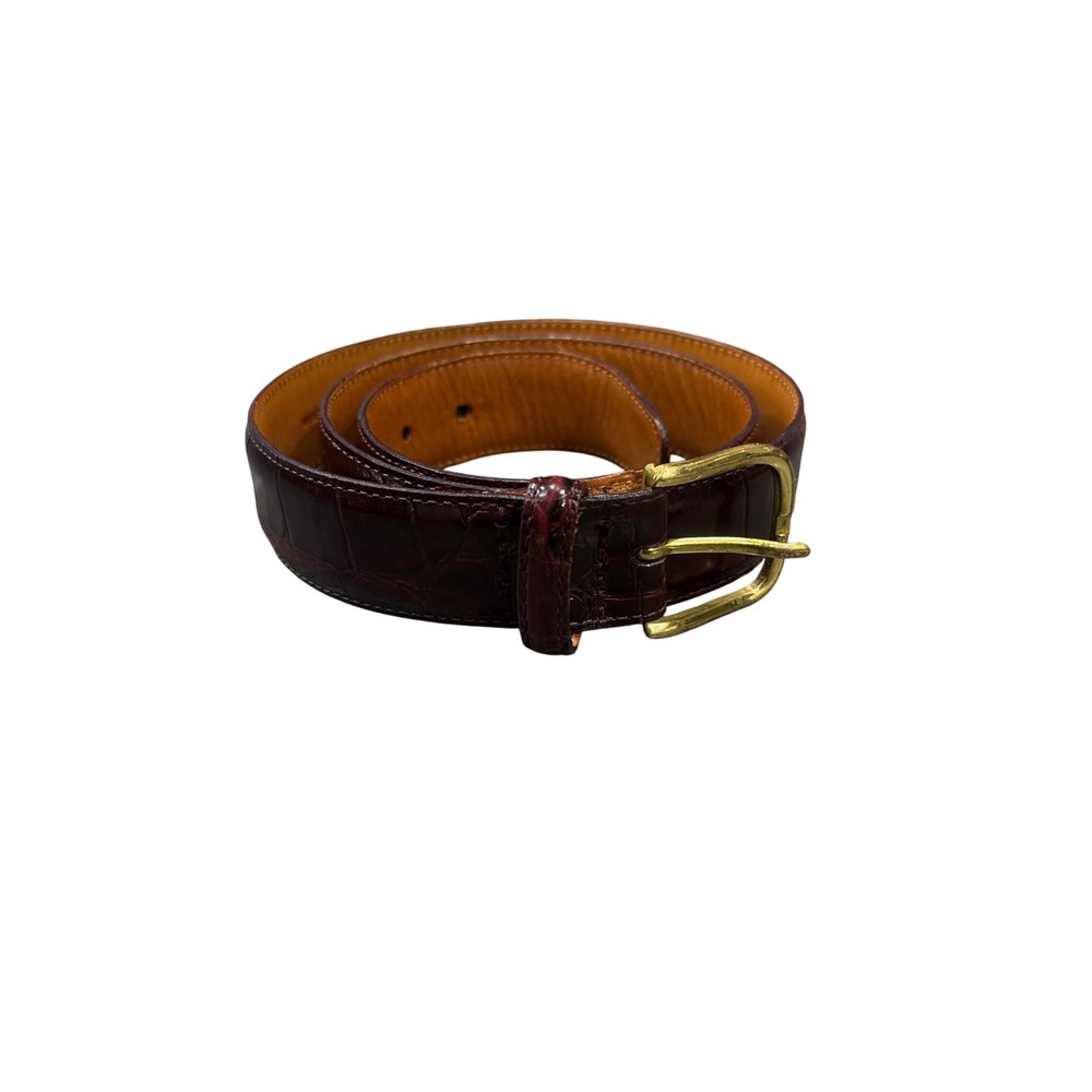 Traflagar Alligator Belt Mens 34 Burgundy Exotic Leather Gold Buckle USA 76374